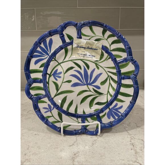 Set 4 MELAMINE Tommy Bahama 11” Dinner Plates Tropical Blue RATTAN WOOD LOOK NEW - Picture 1 of 6